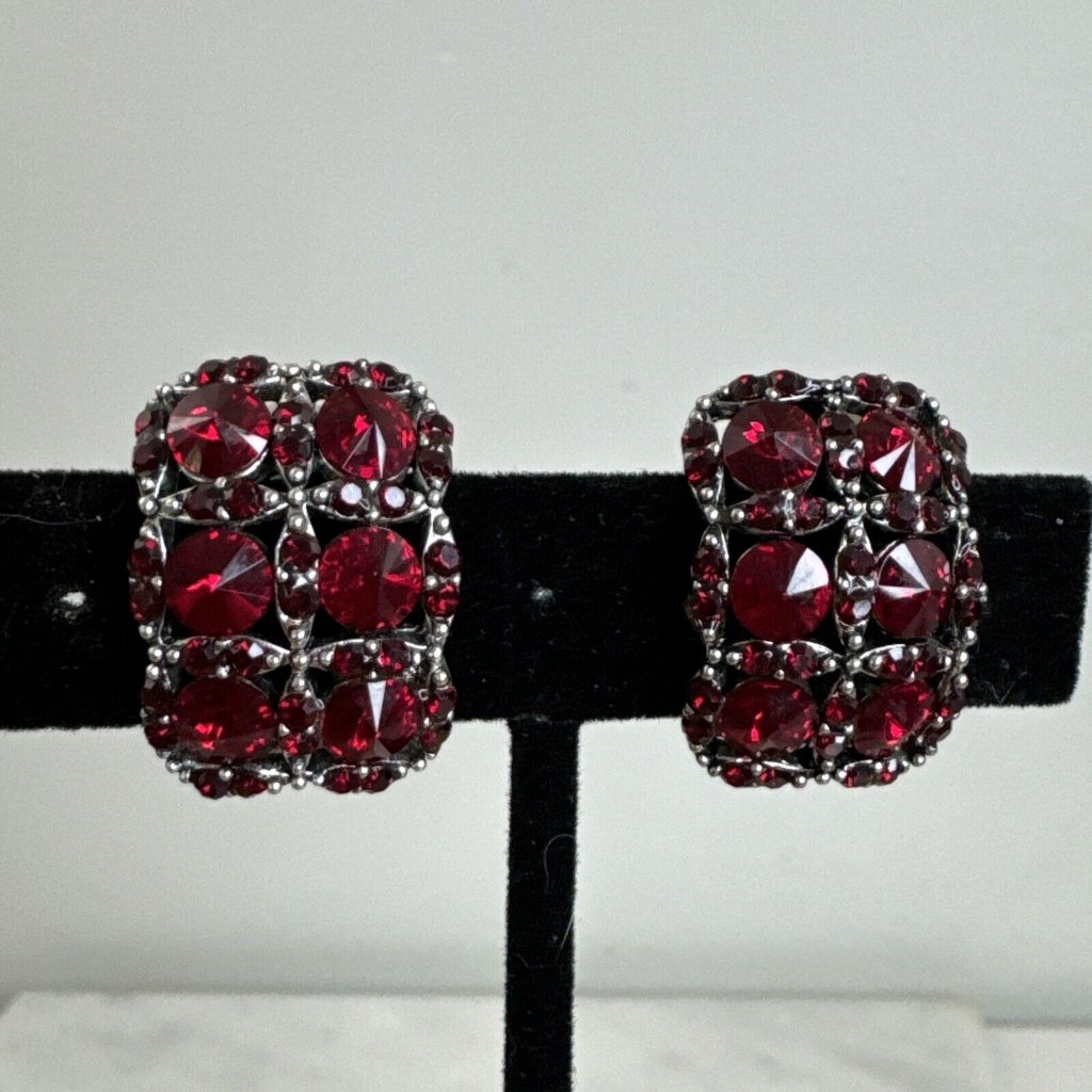 Vintage Signed Jhs Red Rhinestones Clip Earrings